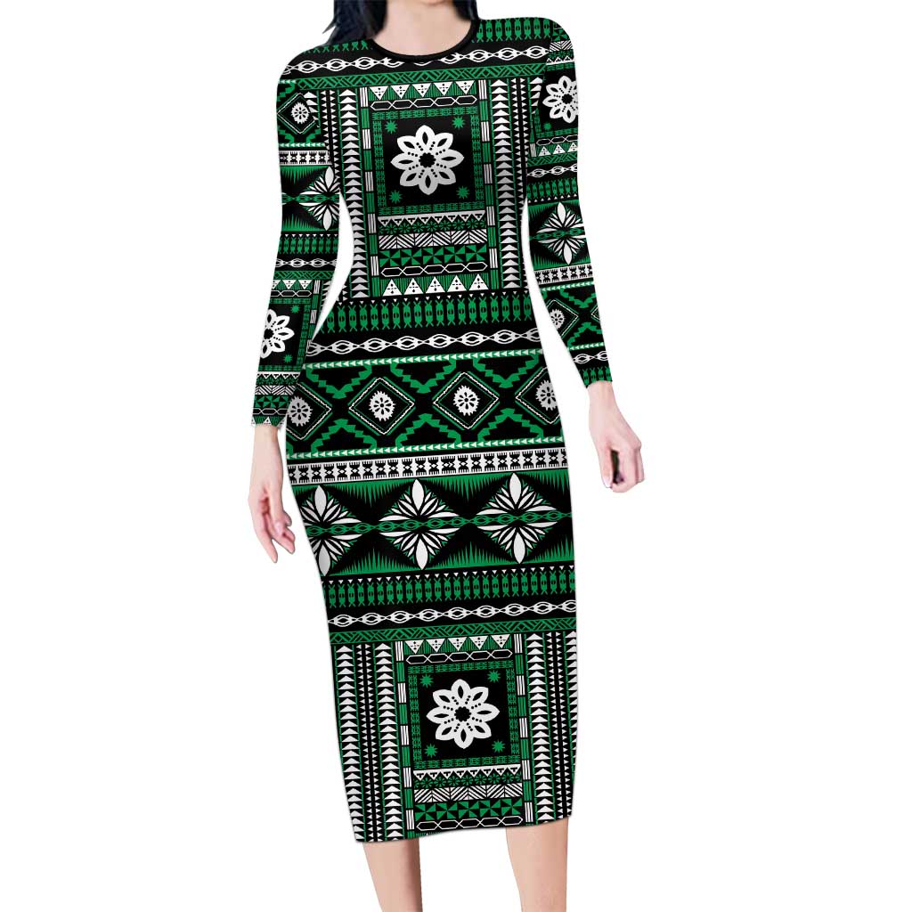 Fiji Masi Tapa Pattern Green Family Matching Long Sleeve Bodycon Dress and Hawaiian Shirt LT01 Mom's Dress Green - Polynesian Pride