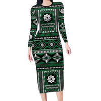 Fiji Masi Tapa Pattern Green Family Matching Long Sleeve Bodycon Dress and Hawaiian Shirt LT01 Mom's Dress Green - Polynesian Pride