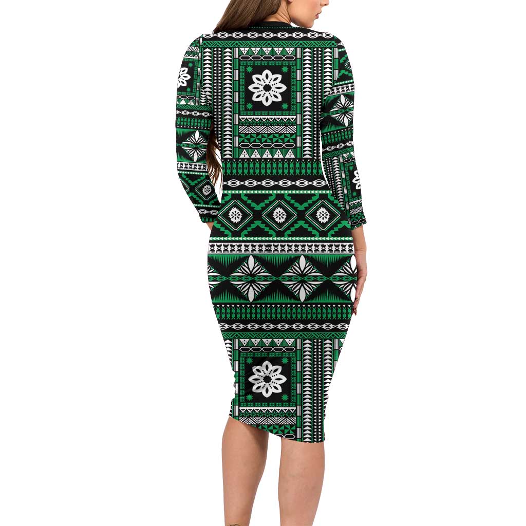 Fiji Masi Tapa Pattern Green Family Matching Long Sleeve Bodycon Dress and Hawaiian Shirt LT01 - Polynesian Pride