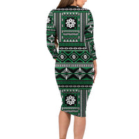 Fiji Masi Tapa Pattern Green Family Matching Long Sleeve Bodycon Dress and Hawaiian Shirt LT01 - Polynesian Pride