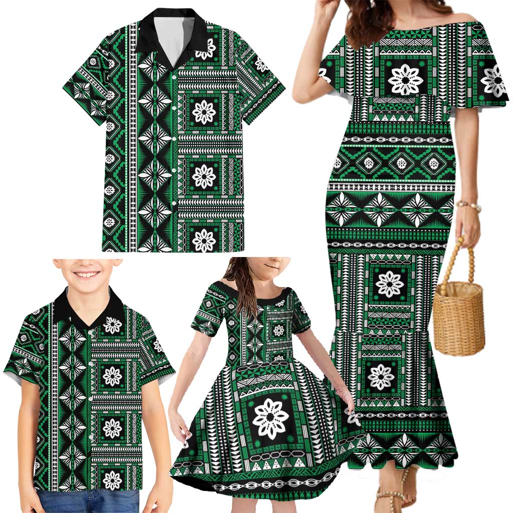 Fiji Masi Tapa Pattern Green Family Matching Mermaid Dress and Hawaiian Shirt LT01 - Polynesian Pride
