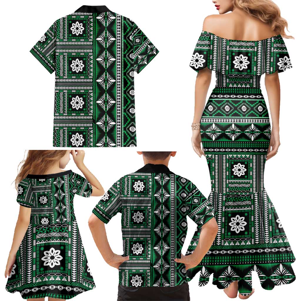 Fiji Masi Tapa Pattern Green Family Matching Mermaid Dress and Hawaiian Shirt LT01 - Polynesian Pride