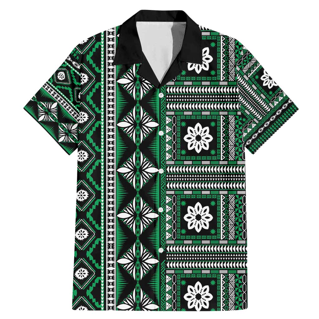 Fiji Masi Tapa Pattern Green Family Matching Mermaid Dress and Hawaiian Shirt LT01 Dad's Shirt - Short Sleeve Green - Polynesian Pride