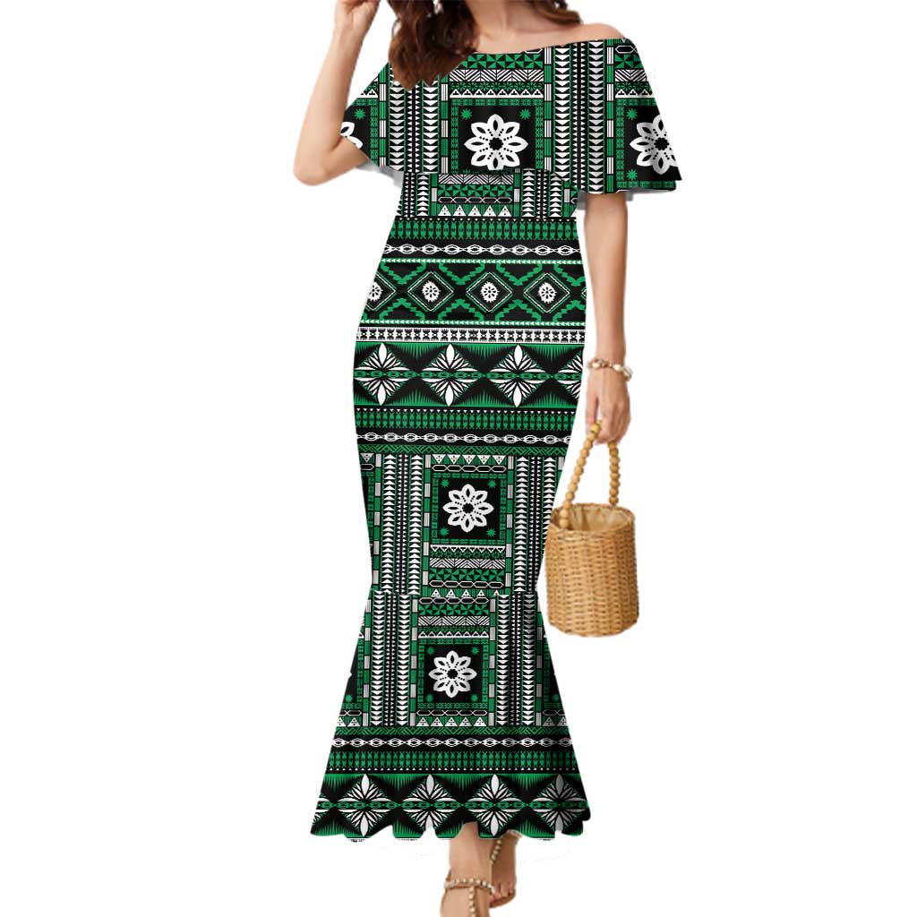 Fiji Masi Tapa Pattern Green Family Matching Mermaid Dress and Hawaiian Shirt LT01 Mom's Dress Green - Polynesian Pride