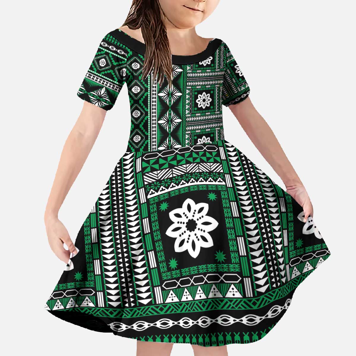 Fiji Masi Tapa Pattern Green Family Matching Off The Shoulder Long Sleeve Dress and Hawaiian Shirt LT01 Daughter's Dress Green - Polynesian Pride