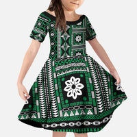 Fiji Masi Tapa Pattern Green Family Matching Off The Shoulder Long Sleeve Dress and Hawaiian Shirt LT01 Daughter's Dress Green - Polynesian Pride