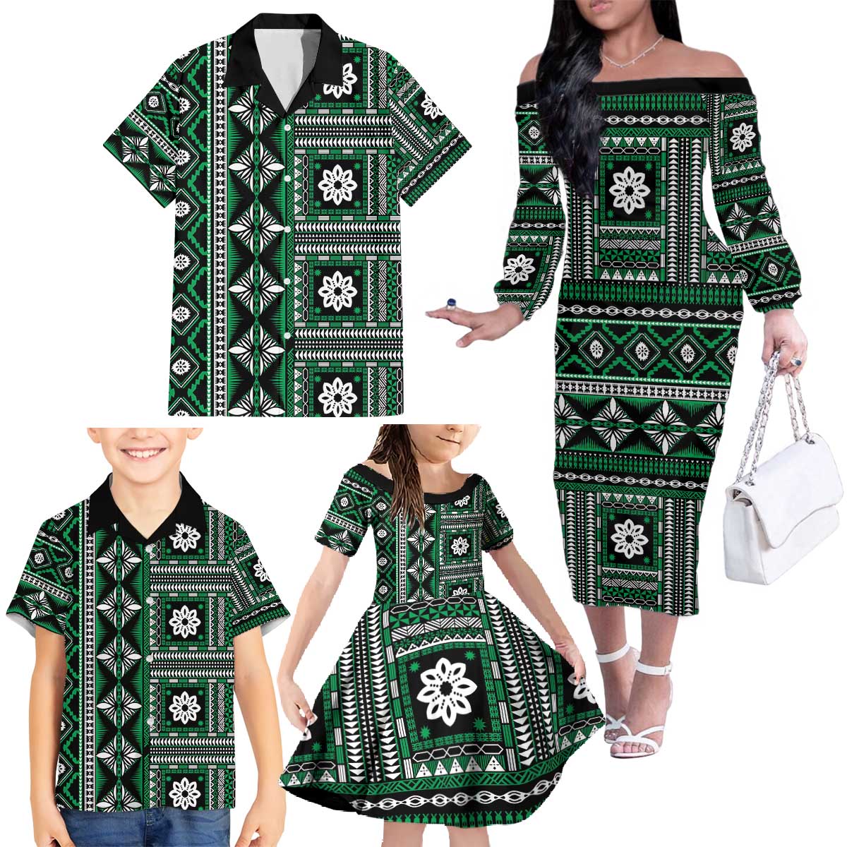 Fiji Masi Tapa Pattern Green Family Matching Off The Shoulder Long Sleeve Dress and Hawaiian Shirt LT01 - Polynesian Pride