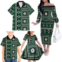 Fiji Masi Tapa Pattern Green Family Matching Off The Shoulder Long Sleeve Dress and Hawaiian Shirt LT01 - Polynesian Pride