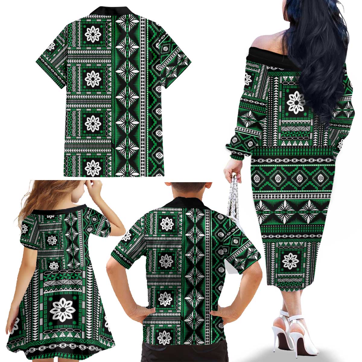 Fiji Masi Tapa Pattern Green Family Matching Off The Shoulder Long Sleeve Dress and Hawaiian Shirt LT01 - Polynesian Pride