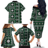 Fiji Masi Tapa Pattern Green Family Matching Off The Shoulder Long Sleeve Dress and Hawaiian Shirt LT01 - Polynesian Pride