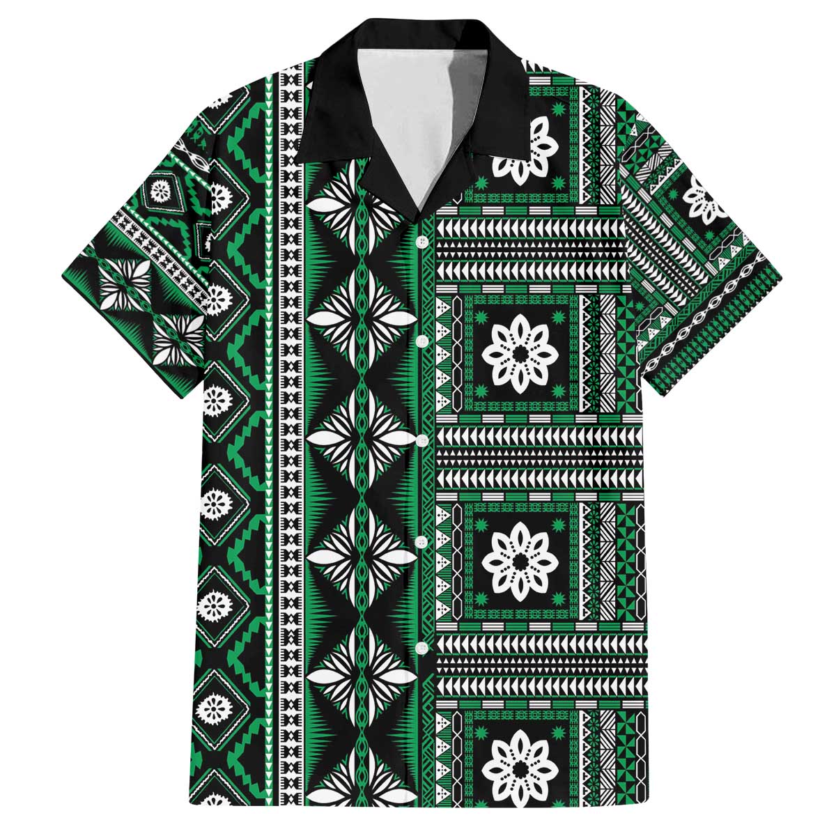 Fiji Masi Tapa Pattern Green Family Matching Off The Shoulder Long Sleeve Dress and Hawaiian Shirt LT01 Dad's Shirt - Short Sleeve Green - Polynesian Pride