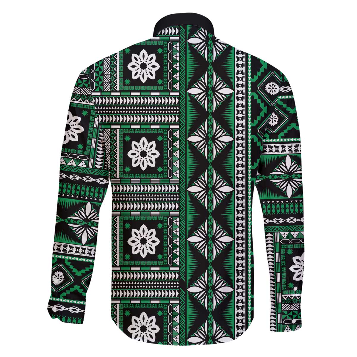 Fiji Masi Tapa Pattern Green Family Matching Off The Shoulder Long Sleeve Dress and Hawaiian Shirt LT01 - Polynesian Pride
