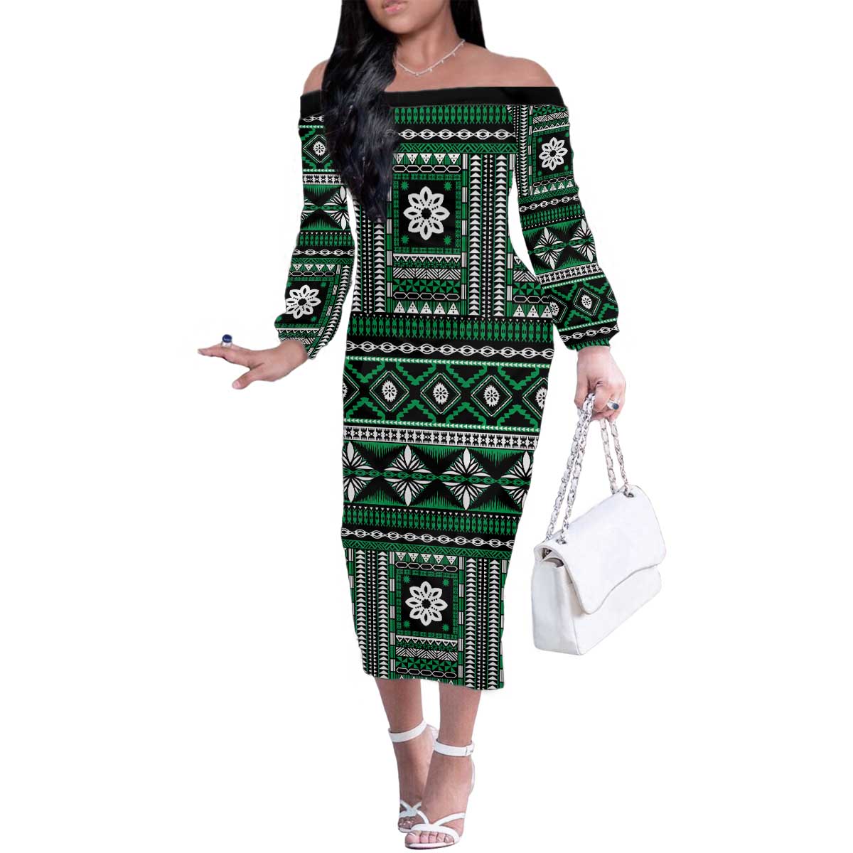 Fiji Masi Tapa Pattern Green Family Matching Off The Shoulder Long Sleeve Dress and Hawaiian Shirt LT01 Mom's Dress Green - Polynesian Pride