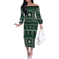 Fiji Masi Tapa Pattern Green Family Matching Off The Shoulder Long Sleeve Dress and Hawaiian Shirt LT01 Mom's Dress Green - Polynesian Pride
