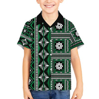 Fiji Masi Tapa Pattern Green Family Matching Off The Shoulder Long Sleeve Dress and Hawaiian Shirt LT01 Son's Shirt Green - Polynesian Pride
