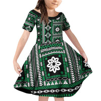 Fiji Masi Tapa Pattern Green Family Matching Off Shoulder Short Dress and Hawaiian Shirt LT01 Daughter's Dress Green - Polynesian Pride