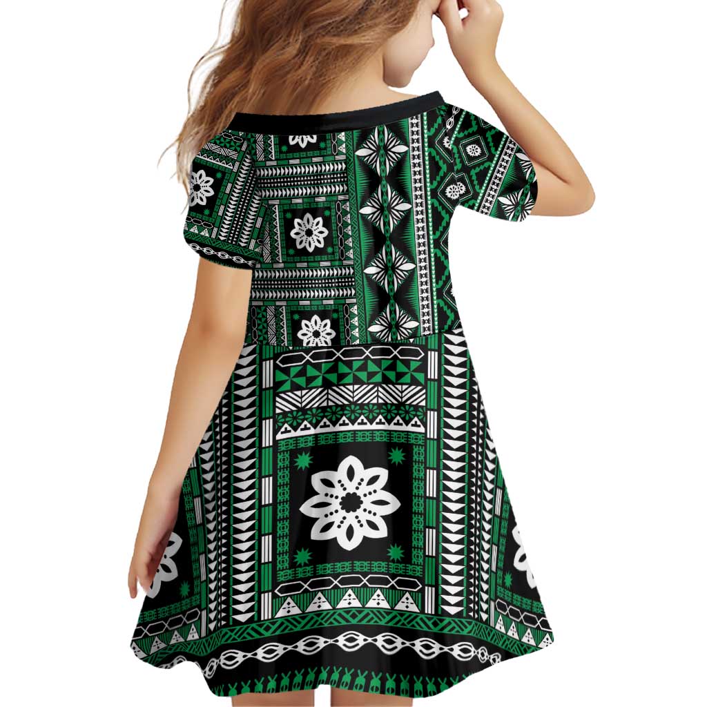 Fiji Masi Tapa Pattern Green Family Matching Off Shoulder Short Dress and Hawaiian Shirt LT01 - Polynesian Pride