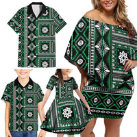 Fiji Masi Tapa Pattern Green Family Matching Off Shoulder Short Dress and Hawaiian Shirt LT01 - Polynesian Pride