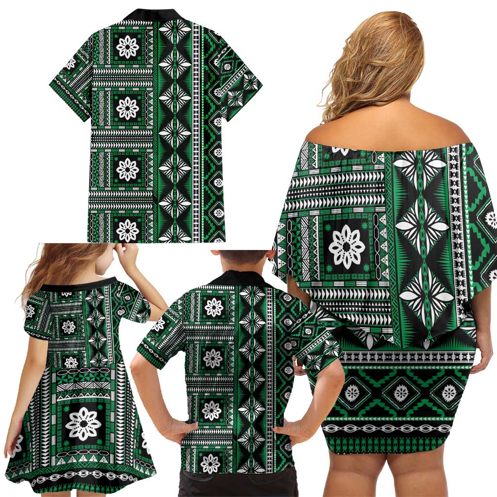 Fiji Masi Tapa Pattern Green Family Matching Off Shoulder Short Dress and Hawaiian Shirt LT01 - Polynesian Pride