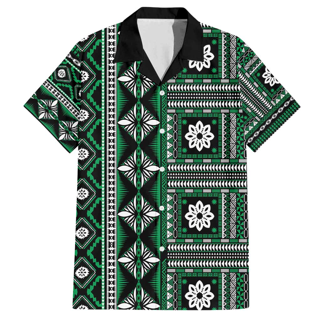 Fiji Masi Tapa Pattern Green Family Matching Off Shoulder Short Dress and Hawaiian Shirt LT01 Dad's Shirt - Short Sleeve Green - Polynesian Pride