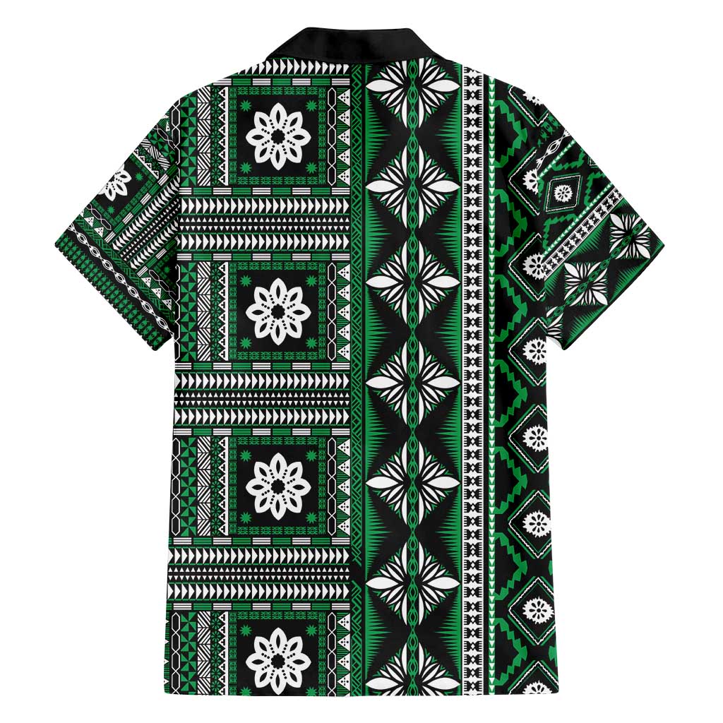 Fiji Masi Tapa Pattern Green Family Matching Off Shoulder Short Dress and Hawaiian Shirt LT01 - Polynesian Pride