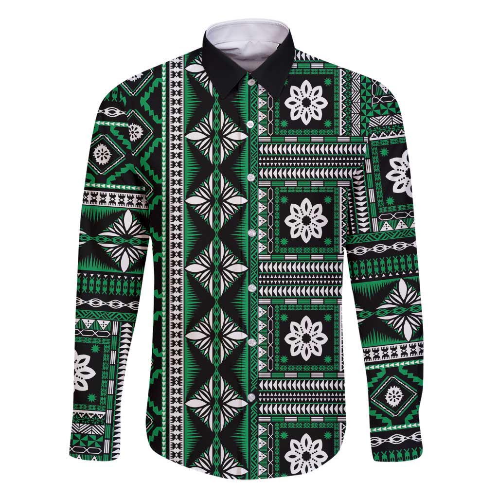 Fiji Masi Tapa Pattern Green Family Matching Off Shoulder Short Dress and Hawaiian Shirt LT01 Dad's Shirt - Long Sleeve Green - Polynesian Pride