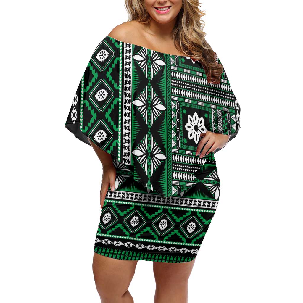 Fiji Masi Tapa Pattern Green Family Matching Off Shoulder Short Dress and Hawaiian Shirt LT01 Mom's Dress Green - Polynesian Pride