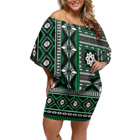 Fiji Masi Tapa Pattern Green Family Matching Off Shoulder Short Dress and Hawaiian Shirt LT01 Mom's Dress Green - Polynesian Pride