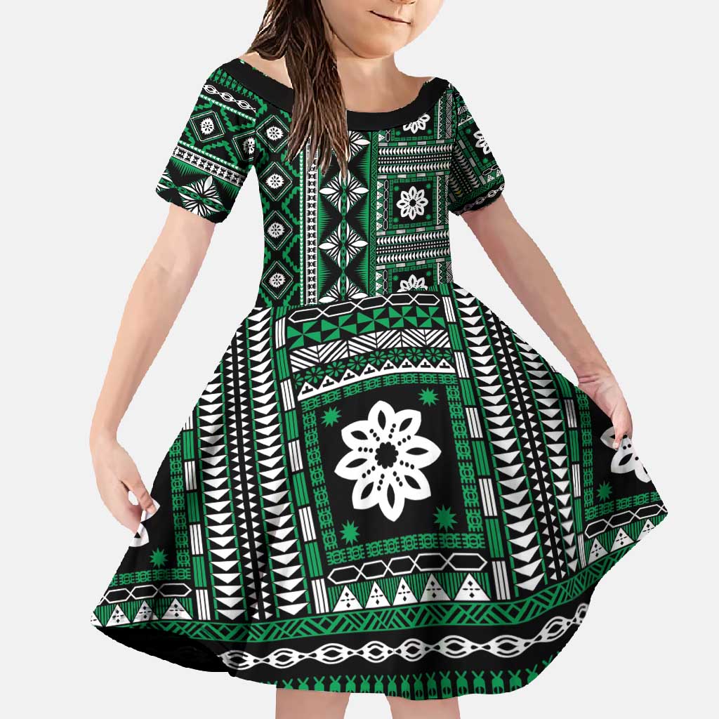 Fiji Masi Tapa Pattern Green Family Matching Short Sleeve Bodycon Dress and Hawaiian Shirt LT01 Daughter's Dress Green - Polynesian Pride