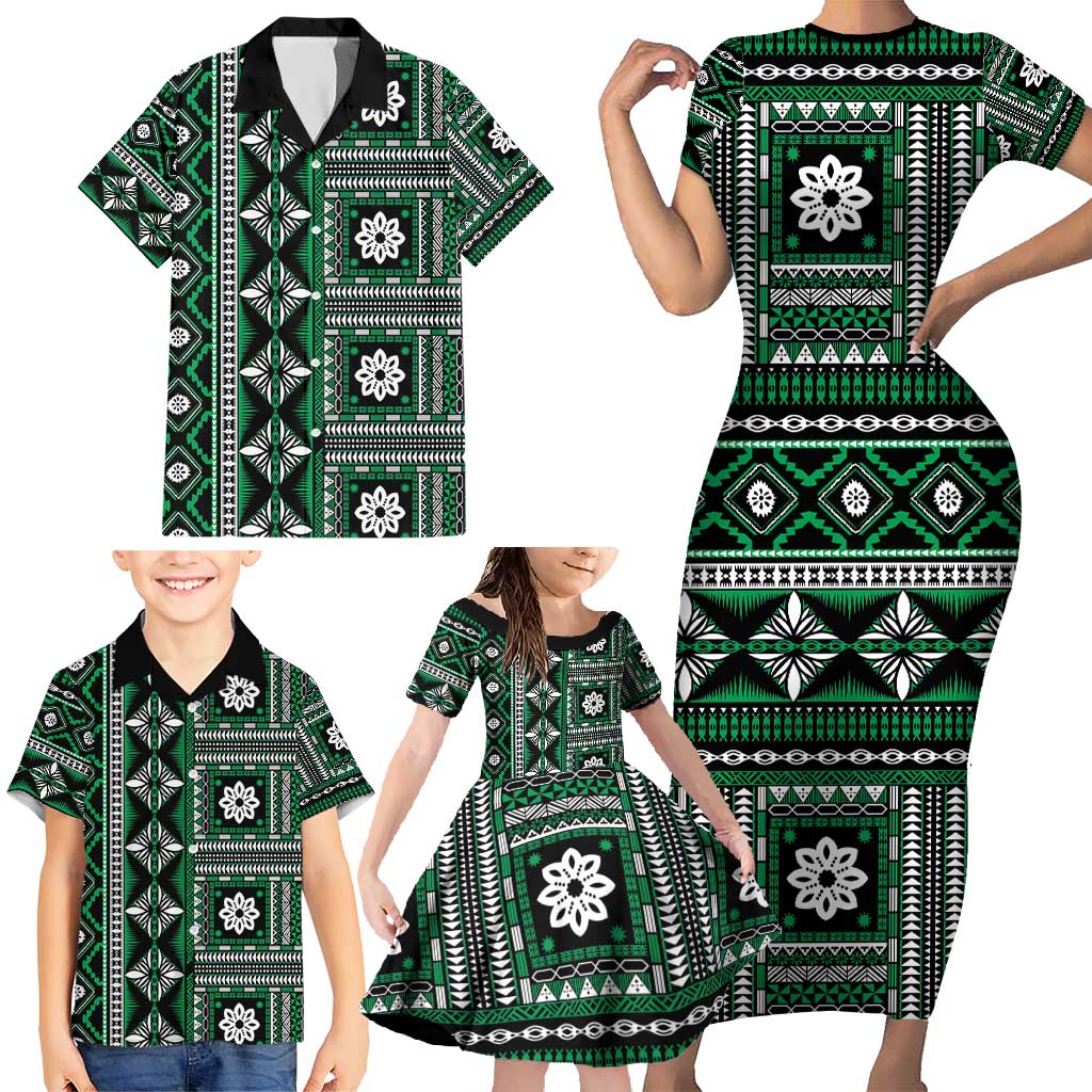 Fiji Masi Tapa Pattern Green Family Matching Short Sleeve Bodycon Dress and Hawaiian Shirt LT01 - Polynesian Pride