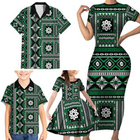 Fiji Masi Tapa Pattern Green Family Matching Short Sleeve Bodycon Dress and Hawaiian Shirt LT01 - Polynesian Pride