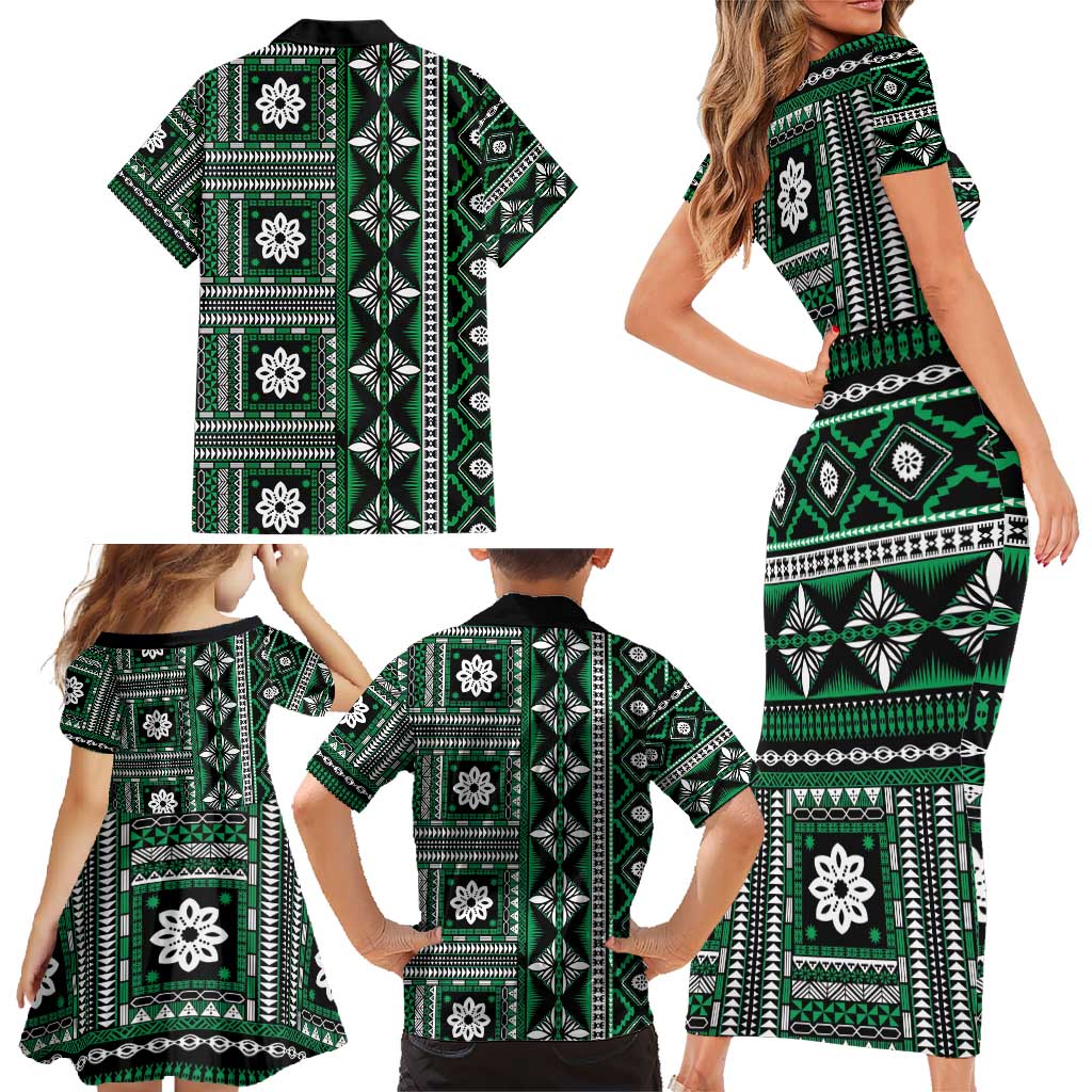 Fiji Masi Tapa Pattern Green Family Matching Short Sleeve Bodycon Dress and Hawaiian Shirt LT01 - Polynesian Pride