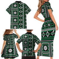 Fiji Masi Tapa Pattern Green Family Matching Short Sleeve Bodycon Dress and Hawaiian Shirt LT01 - Polynesian Pride