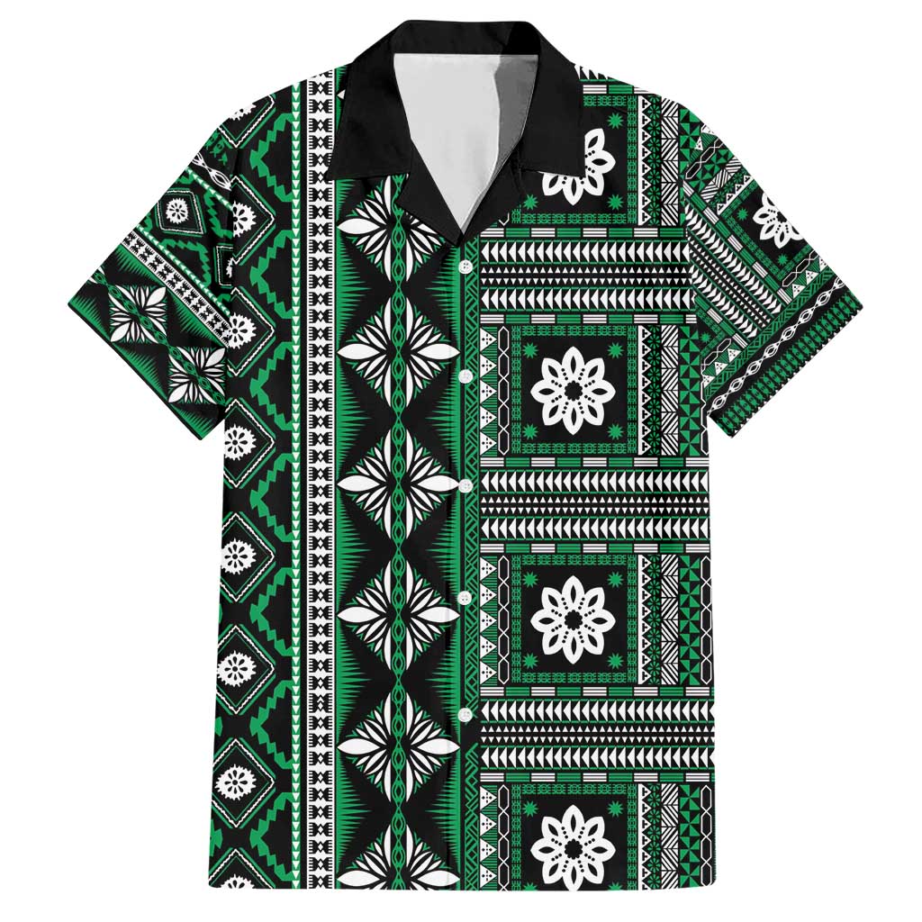 Fiji Masi Tapa Pattern Green Family Matching Short Sleeve Bodycon Dress and Hawaiian Shirt LT01 Dad's Shirt - Short Sleeve Green - Polynesian Pride