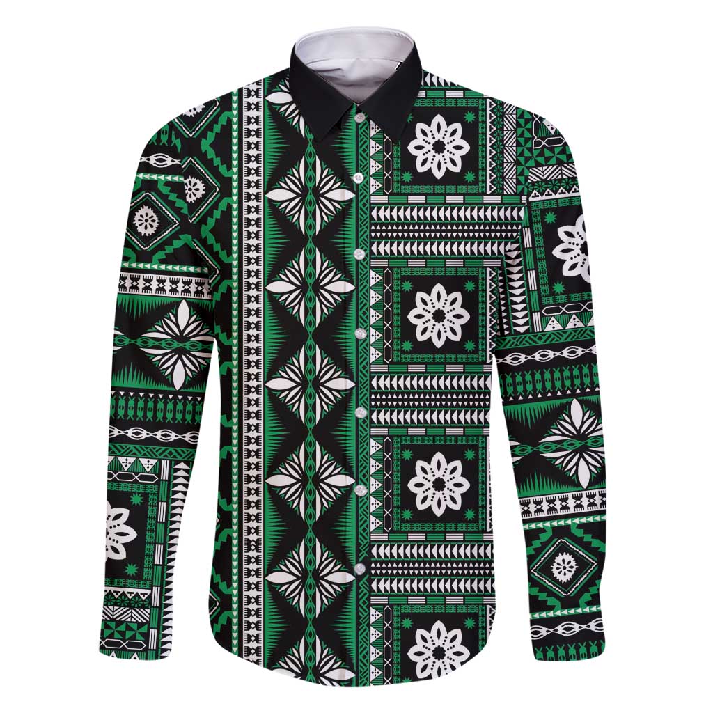Fiji Masi Tapa Pattern Green Family Matching Short Sleeve Bodycon Dress and Hawaiian Shirt LT01 Dad's Shirt - Long Sleeve Green - Polynesian Pride
