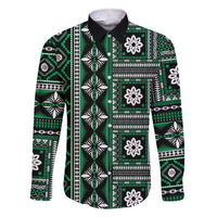 Fiji Masi Tapa Pattern Green Family Matching Short Sleeve Bodycon Dress and Hawaiian Shirt LT01 Dad's Shirt - Long Sleeve Green - Polynesian Pride