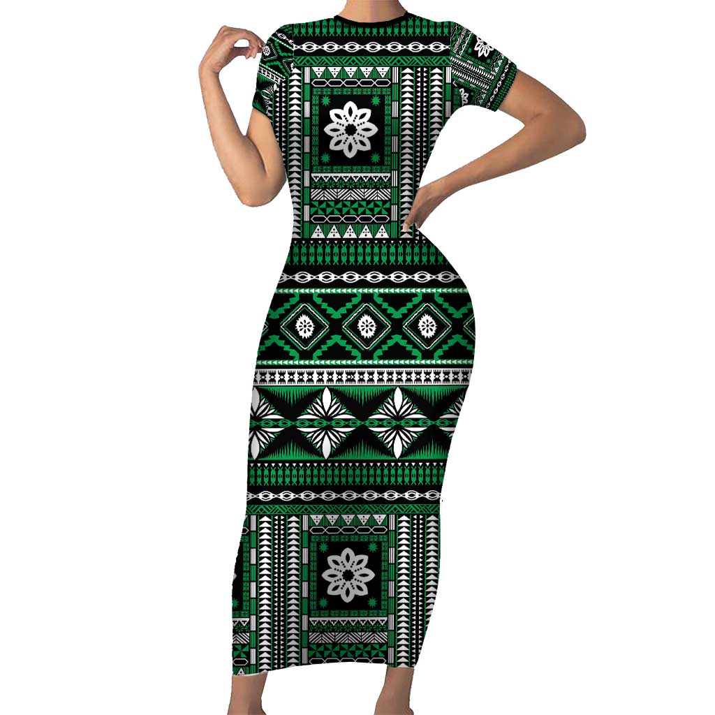 Fiji Masi Tapa Pattern Green Family Matching Short Sleeve Bodycon Dress and Hawaiian Shirt LT01 Mom's Dress Green - Polynesian Pride
