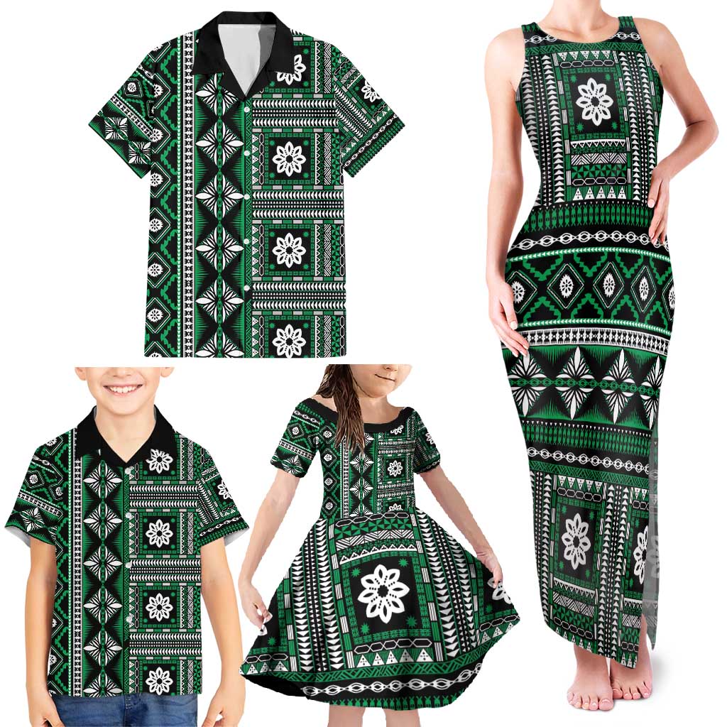 Fiji Masi Tapa Pattern Green Family Matching Tank Maxi Dress and Hawaiian Shirt LT01 - Polynesian Pride