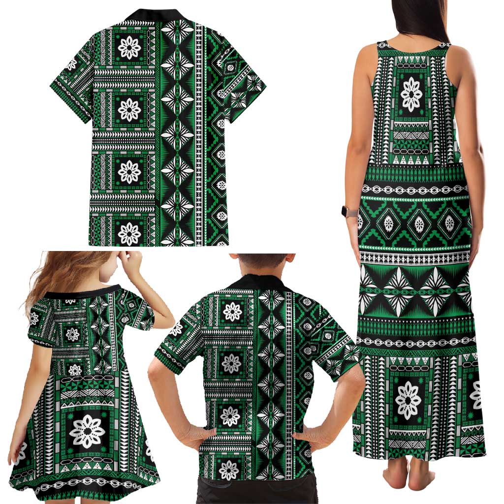 Fiji Masi Tapa Pattern Green Family Matching Tank Maxi Dress and Hawaiian Shirt LT01 - Polynesian Pride