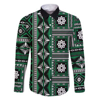 Fiji Masi Tapa Pattern Green Family Matching Tank Maxi Dress and Hawaiian Shirt LT01 Dad's Shirt - Long Sleeve Green - Polynesian Pride