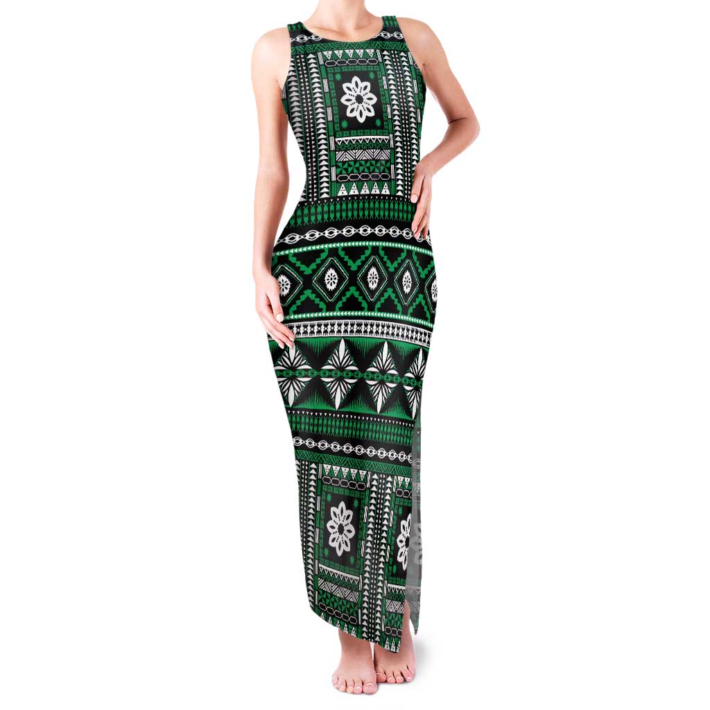 Fiji Masi Tapa Pattern Green Family Matching Tank Maxi Dress and Hawaiian Shirt LT01 Mom's Dress Green - Polynesian Pride