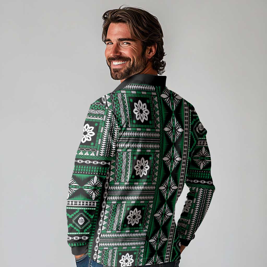 Fiji Masi Tapa Pattern Green Long Sleeve Polo Shirt - Polynesian Pride