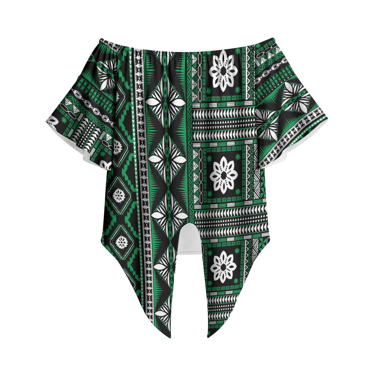 Fiji Masi Tapa Pattern Green Off Shoulder Wrap Waist Top LT01 Green - Polynesian Pride