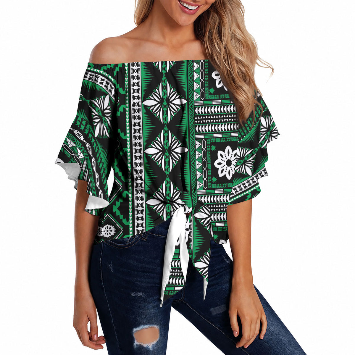 Fiji Masi Tapa Pattern Green Off Shoulder Wrap Waist Top LT01 - Polynesian Pride