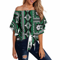 Fiji Masi Tapa Pattern Green Off Shoulder Wrap Waist Top LT01 - Polynesian Pride
