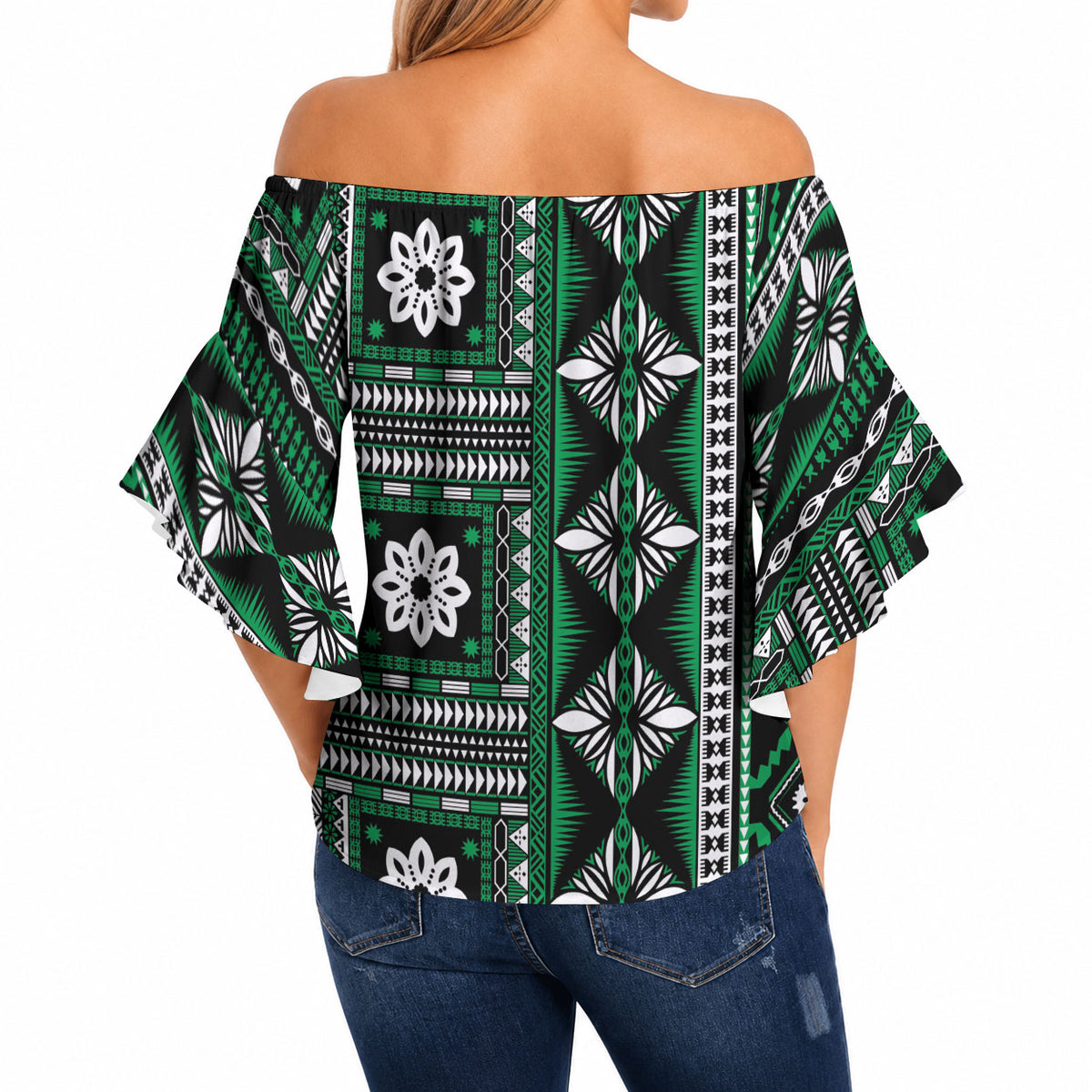 Fiji Masi Tapa Pattern Green Off Shoulder Wrap Waist Top LT01 - Polynesian Pride