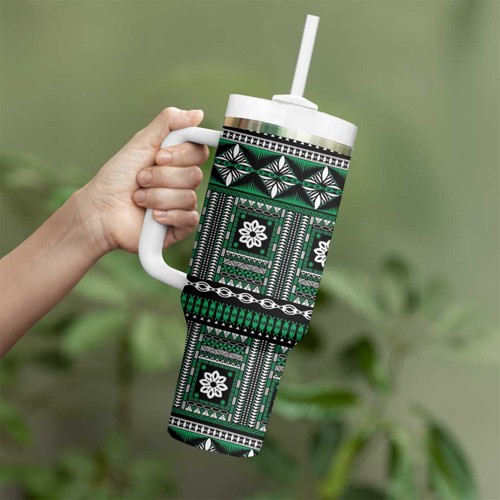 Fiji Masi Tapa Pattern Green Tumbler With Handle - Polynesian Pride
