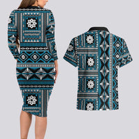 Fiji Masi Tapa Pattern Blue Couples Matching Long Sleeve Bodycon Dress and Hawaiian Shirt - Polynesian Pride