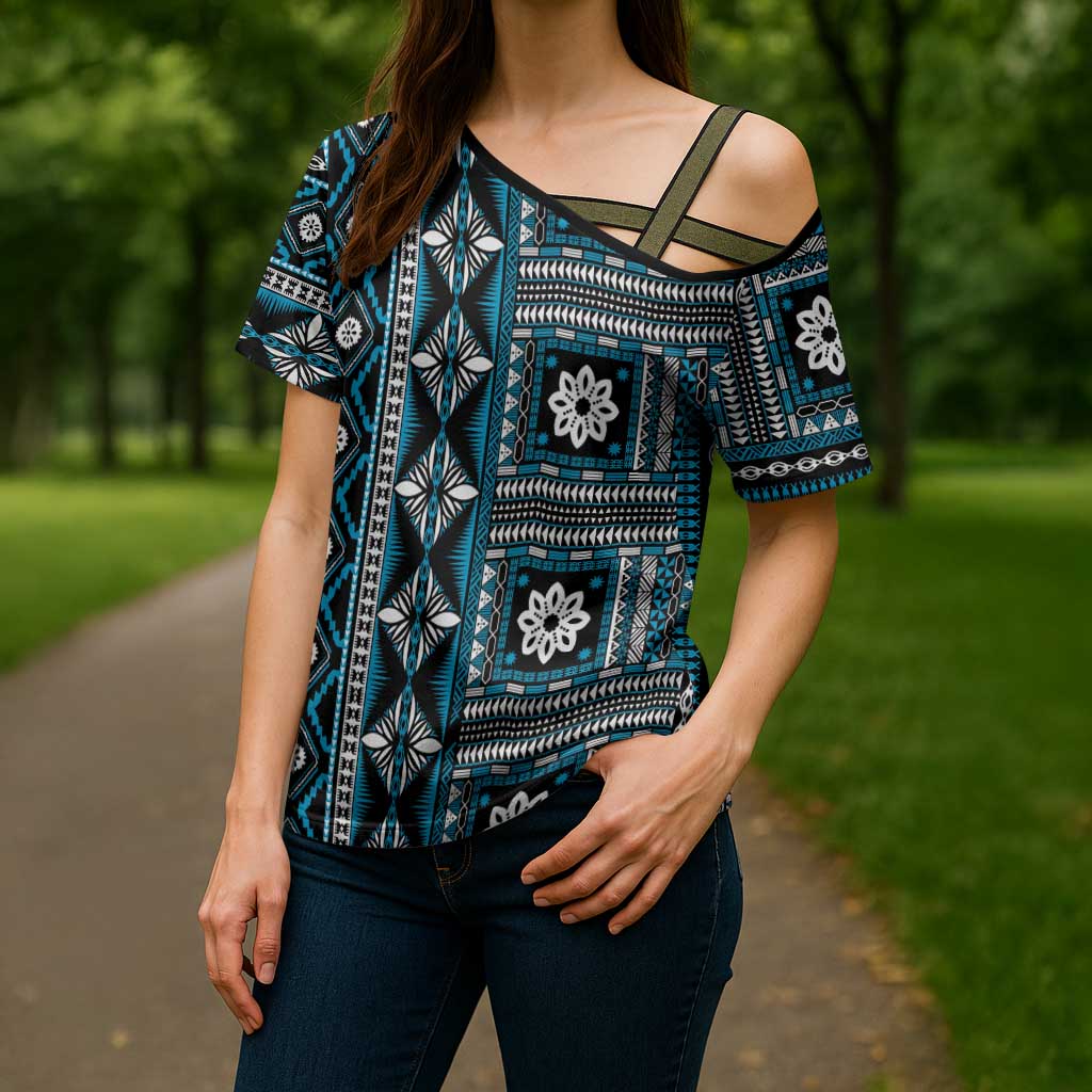 Fiji Masi Tapa Pattern Blue Cross Shoulder Shirt - Polynesian Pride