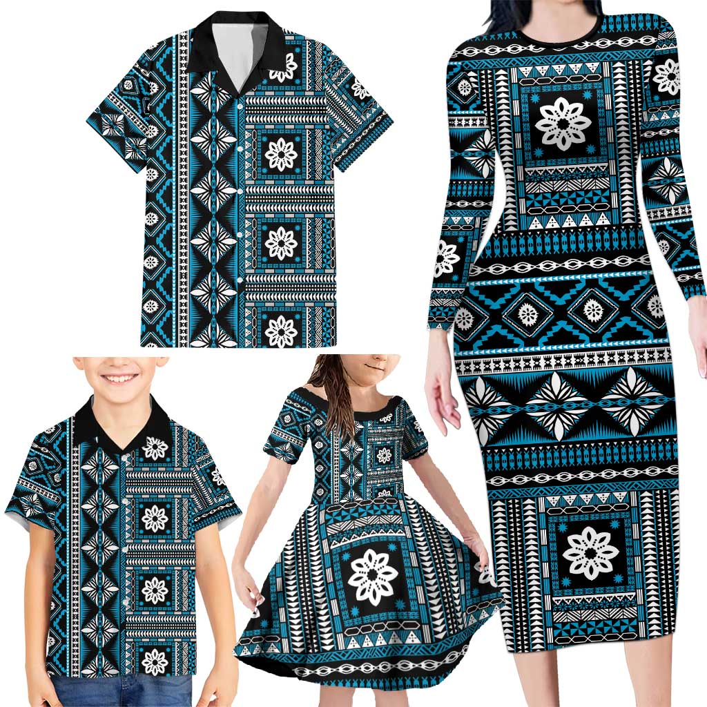 Fiji Masi Tapa Pattern Blue Family Matching Long Sleeve Bodycon Dress and Hawaiian Shirt LT01 - Polynesian Pride